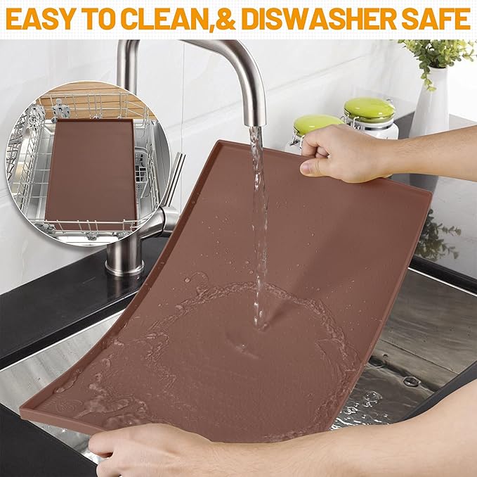 Hubulk Dog Feeding Mat,100% Waterproof Food Grade Silicone Pet Food and Water Bowl Placemat,Dishwasher, High Raised Edge to Prevent Spills,Nonslip Tray to Stop Messes on Floor（19"x12"x0.5", Brown）