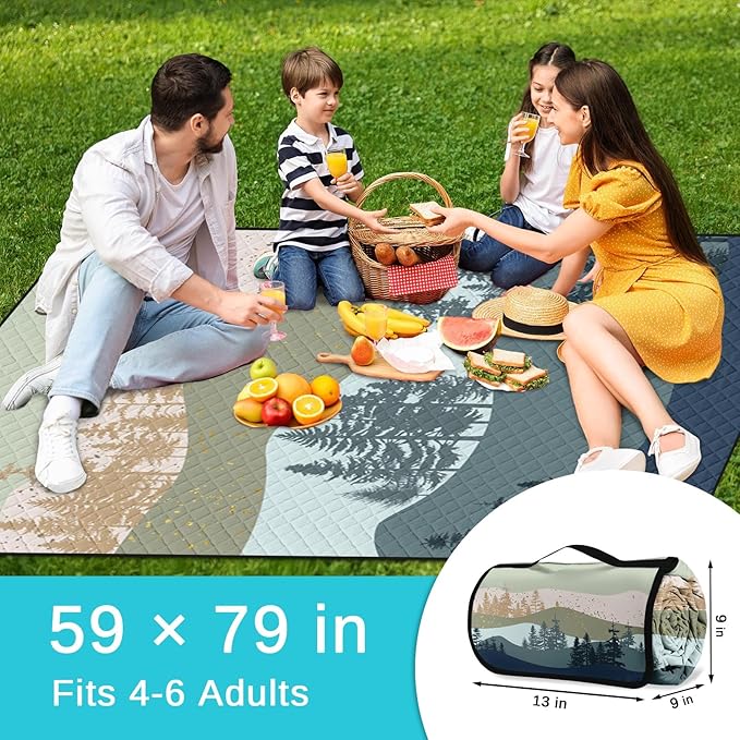 Waterproof Picnic Outdoor Blanket, 79" x 59" Sandproof Foldable Large Picnic Blanket for Beach, Camping, Park, Travel, Concert, Great Gift for Families and Couples (Green Scenery)