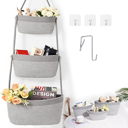 Hanging Storage Baskets, Over The Door Basket, Cotton Wall Baskets Storage, Hanging Door Basket with 4 Hooks