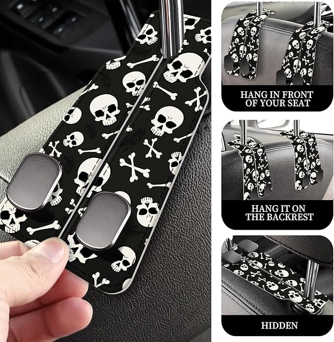 PU Leather Car Seat Hook, Storage Headrest Hanger, Cute Car Backseat Organizer, Car Hooks For Purses and Bags White Skull Black