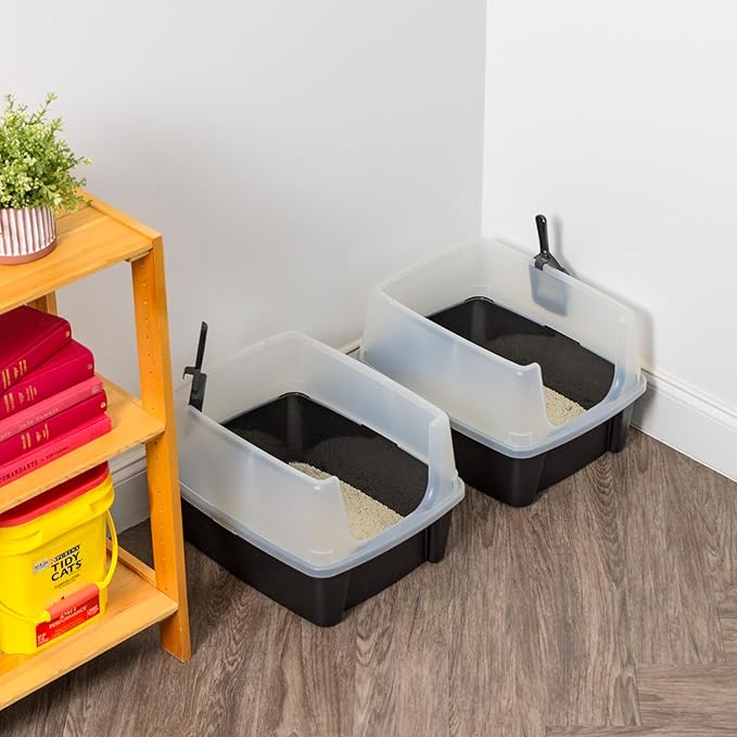 IRIS USA 2 Pack Large Open Top Cat Litter Box with High Sides, Scatter Shield & Scoop, Black, for Indoor Cats, Kittens or Multicat Homes