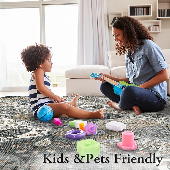 Lahome Moroccan Washable Area Rugs 8x10, Soft Vintage Oriental Rug for Living Room Bedroom Dining Room, Non Slip Low Pile Stain Resistant Rug for Kids Pets High Traffic Areas, Burnt Grey