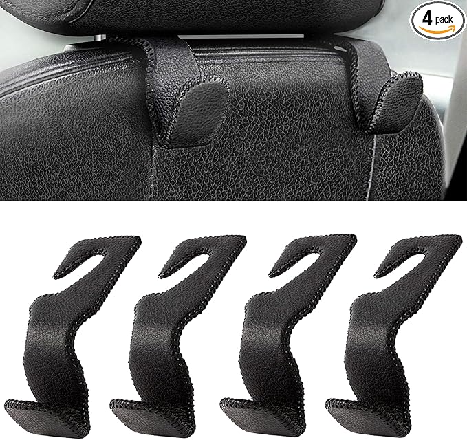 Headrest Hooks for Car, Back Seat Organizer Black Leather Hanger Holder Hook, for Hanging Purses and Bags and Coats, Pack of 4