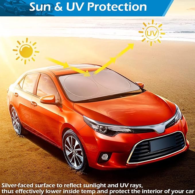 IC ICLOVER Car Windshield Sun Shade, 210T Polyester Foldable Front Window Sun Visor Protector, Blocks UV Rays and Heat Sun Protection Shield, Keep Your Vehicle Cool, Fits Sedans, Mid-Size SUV (Medium)