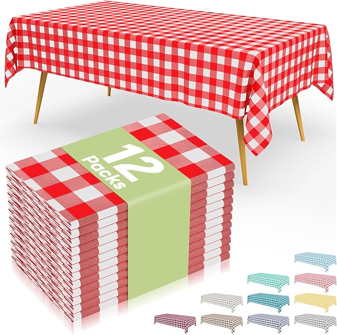 Smiry 12 Packs Gingham Disposable Table Cloth, 54 x 108 Inch Waterproof Plastic Tablecloth, Rectangle Red and White Checkered Table Covers for Picnic, Picnic, Birthday, Party