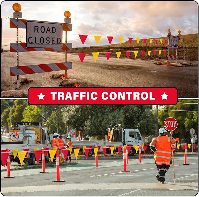 105ft Pennant Banner Flags, 7x10 Red and Yellow 45 Pcs High Visibility Safety Flagging on String, Triangle Pool Flag for Backstroke, Construction Events Party Decoration Parking Marking Outside