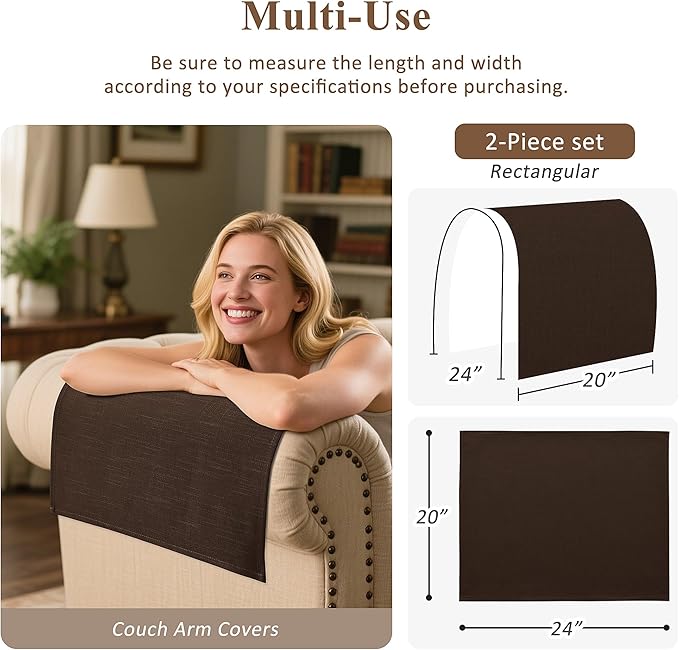 SPWIY Couch Arm Covers Linen Chair Arm Covers Anti-Scratch & Stain Resistant Furniture Protector for Sofa Set of 2 Washable Recliner Armrest Cover for Pets, 20" W x 24" L, Coffee