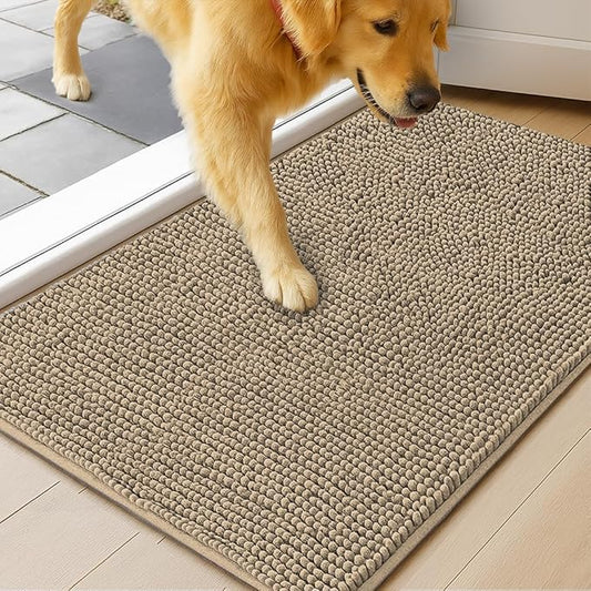 MudGuard Mat™ Dog Door Mat for Muddy Paws, Super Absorbent Microfiber, Non-Slip Indoor Mat, Quick Dry Chenille Mud Mat for Dogs & Entryway, Washable, Beige 24" x 60"