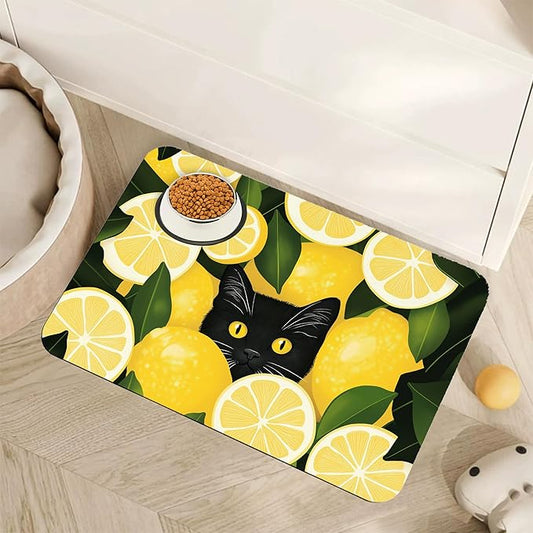 Black Cat Funny Dog Food Mat for Floors,Lemon Absorbent Pet Food and Water Bowl Mats,Non-Slip Pet Feeding Mat,Pet Supplies 12" x 20"