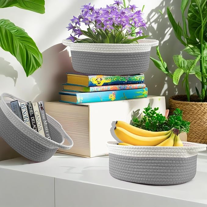 Woven Cotton Rope Gift Basket, Cotton Rope Basket for Closet Shelving Storage with Handles for Living Room, Bedroom(3PCS)