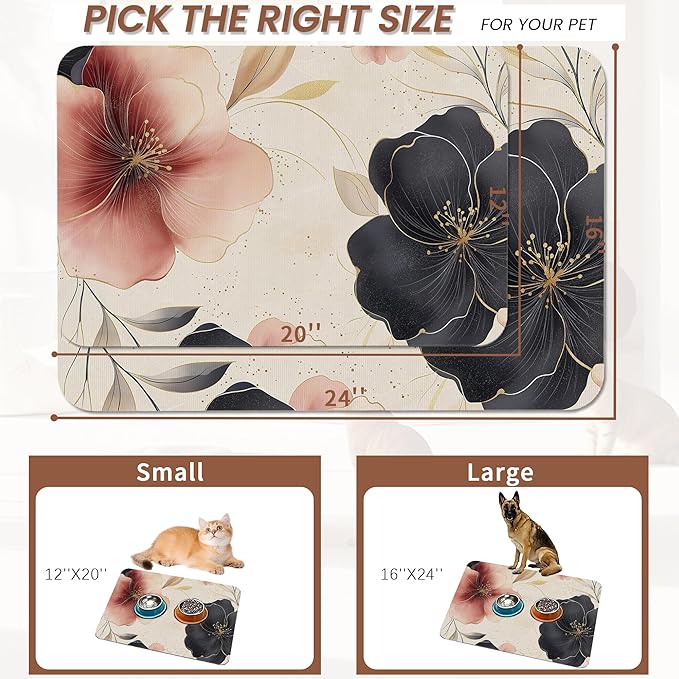 Pink Floral Pet Feeding Mat,Boho Flower Absorbent Quick-Dry Cat Dog Food and Water Bowl Mats,Non-Slip Rubber Backing Mat,Cat Dog Accessories Supplies 16"x24"