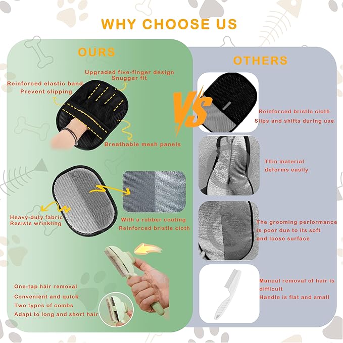 Electrostatic Pet Hair Remover Glove 5-Finger 2x Pack and Self Cleaning Pet Flea Comb Grooming Brush - Furniture& Car Hair Removal Kit Deep & Surface Hair Care (2-Gloves（Black）& 2-Combs(Green,Yellow))