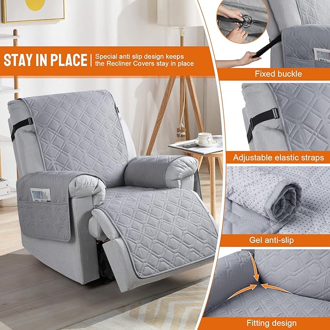 VANSOFY 100% Waterproof Recliner Chair Covers, Recliner Cover Non-Slip Dog Chair Cover Furniture Protector Washable Slipcover with Pocket, Elastic Straps for Pets, Dogs(Light Gray, 25")