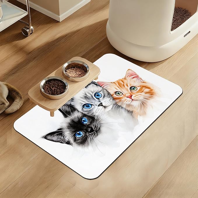 Cute Cats Pet Food Mat for Cats and Dogs–Absorbent Quick Dry Feeding Placemat, Non Slip Rubber Base, Waterproof Bowl Mat for Indoor Use, Pet Supplies 12"x20"
