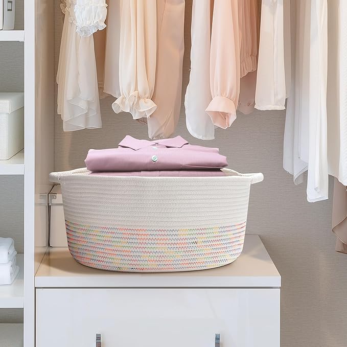 Medium Rope Basket with Handles, Medium Bohe Storage Basket, 17 "L x 12.5" W x 8.5 "H, Home Decor Organizer for Towels,toys, Books & Magazines