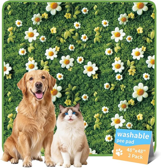 Dog Pee Pads Training Pads Upgrade Triple Thickness All-Purpose Super Absorbent & Leak-Proof, Quick Dry and Leak-Proof and Odor Control (Yellow Daisy on Green, 48" x48"x2PCS)