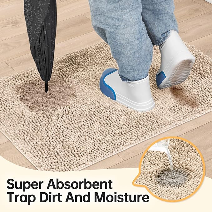 Absorbent Dog Door Mat for Muddy Paws, 48" x 30" Chenille Indoor Mats for Entryway, Trap Dirt Front Door Mat Indoor Entrance Washable Non Slip Soft Beige