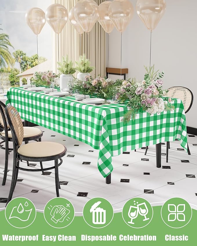 Smiry 8 Packs Gingham Disposable Table Cloth, 54 x 108 Inch Waterproof Plastic Tablecloth, Rectangle Green and White Checkered Table Covers for Party, Birthday, Picnic, Banquet