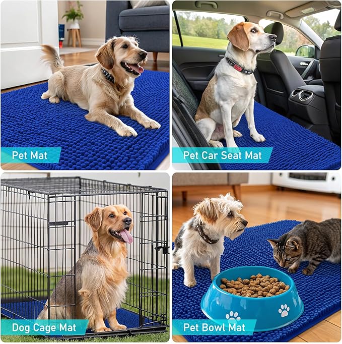 OLANLY Dog Door Mat for Muddy Paws 59x32, Absorbs Moisture and Dirt, Absorbent Non-Slip Washable Doormat, Quick Dry Chenille Mud Mat for Dogs, Entry Indoor Entryway Carpet for Inside Floor, Royal Blue