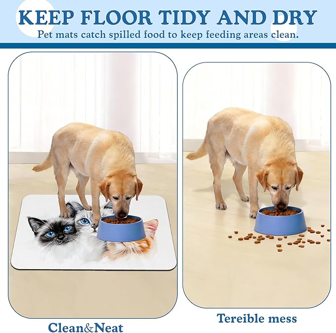 Cute Cats Pet Food Mat for Cats and Dogs–Absorbent Quick Dry Feeding Placemat, Non Slip Rubber Base, Waterproof Bowl Mat for Indoor Use, Pet Supplies 16"x24"