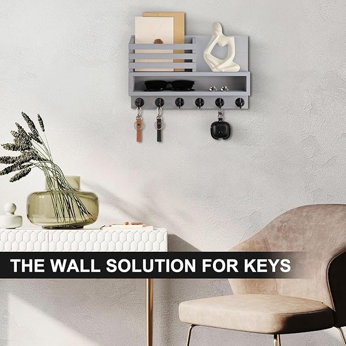 Lucundm Key and Mail Holder Wall Mount, Key Hanger with Long Storage Box and Key Hooks for Coat, Dog Leash, Home Decor Rack, House Accessories, Entry Way Organizer