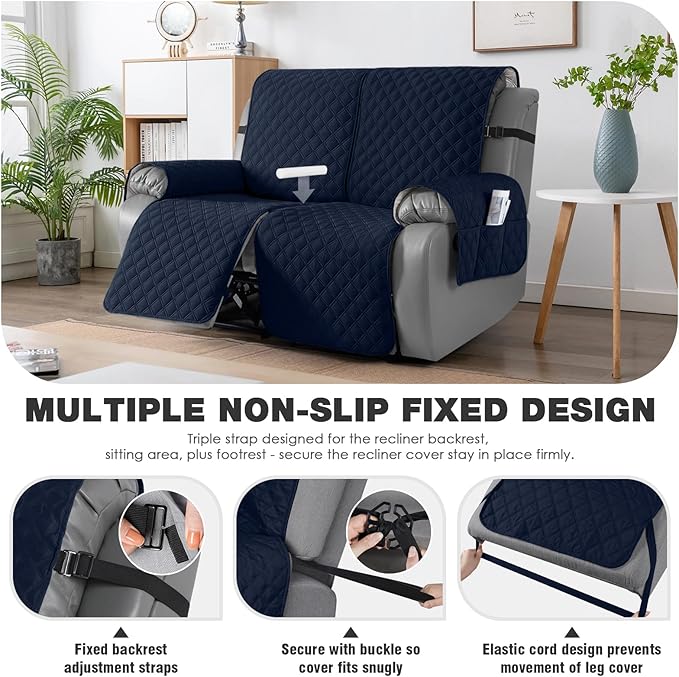 TAOCOCO 100% Waterproof Recliner Couch Covers, Recliner Sofa Covers with Leg Straps, 1-Piece Washable Reclining Sofa Cover with Pocket Couch Protector for Pets Kids(2 Seater, Dark Blue)