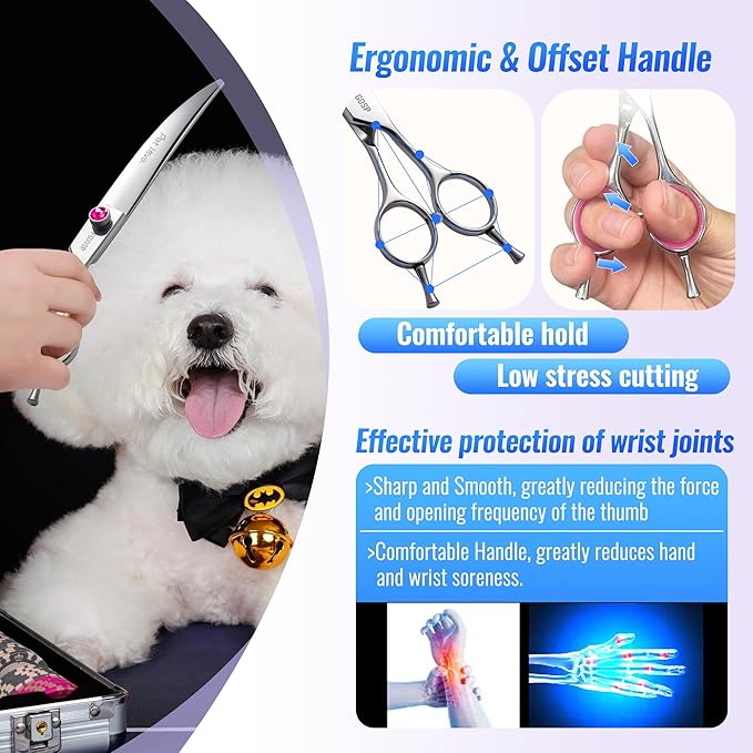 Curved Scissors for Dog Grooming Professional 8 inch Long Downward Curved Shears for Poodle Large Dogs Pet 30°Japanese 440C Stainless Steel Right Handed(8.0'',Curved)