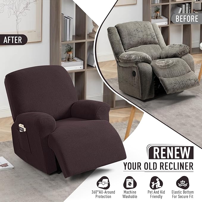 TAOCOCO Oversized Recliner Chair Covers, 1 Seater Streach Recliner Covers Soft Couch Protector Furniture Protector Covers with Elastic Chair Cover Jacquard Pattern (Chocolate)