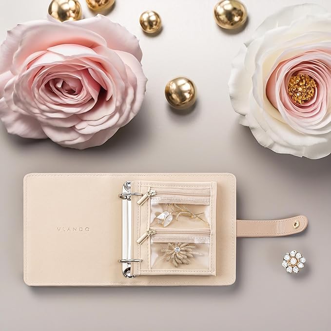 Vlando Small Jewelry Book Organizer - Leather Travel Jewelry Case with 5 Detachable Pages for Necklaces, Rings, Earrings, Tangle-Free, Giftable,Latte