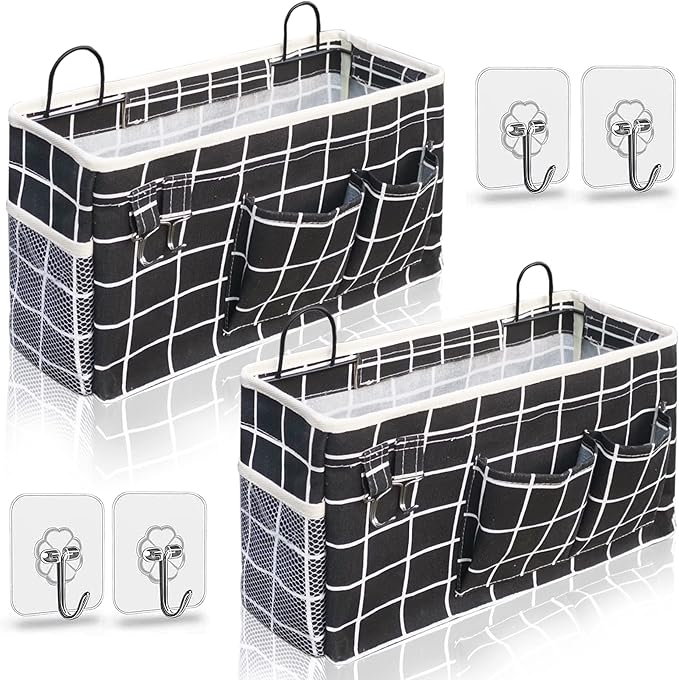 2pcs Large Wall Hanging Organizer Bag, Linen Fabric Door Hanging Storage Baskets with Pockets, Waterproof Bin for Kitchen, Bedroom, Office, RV Camper (Black)