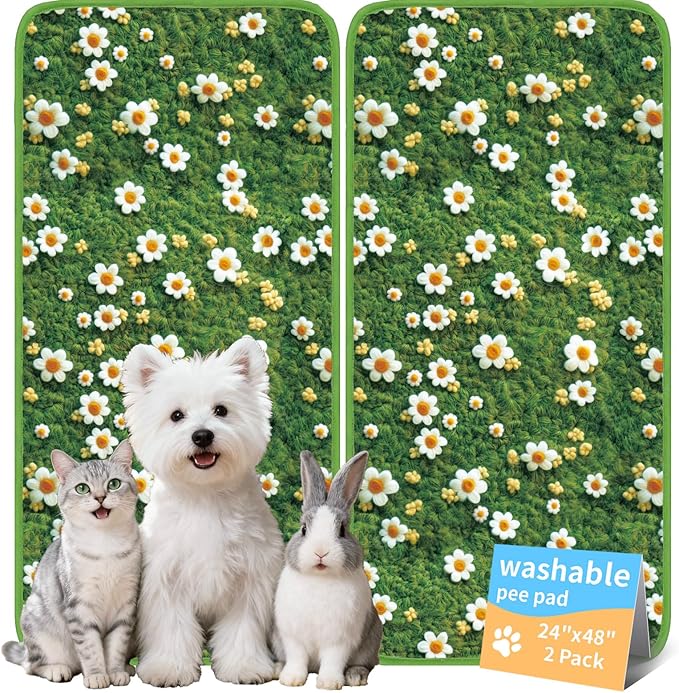 Dog Pee Pads Training Pads Upgrade Triple Thickness All-Purpose Super Absorbent & Leak-Proof, Quick Dry and Leak-Proof and Odor Control (Yellow Daisy on Green, 24" x48"x2PCS)