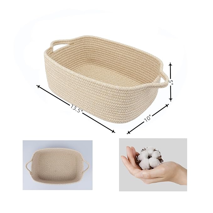 XUANGUO Woven Cotton Rope Storage Basket with Handles for Organizing Shelves Closet Small Cat Dog Pet Toy Baskets Box Bin Decorative Rectangle Baby Nursery Basket Gift Basket Empty oatmeal