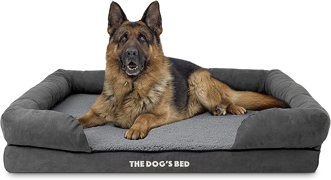 The Dog’s Bed, XL Grey Plush, Solid Memory Foam, Pain Relief: Arthritis, Hip & Elbow Dysplasia, Post Surgery, Lameness, Supportive, Calming, Waterproof Washable Cover