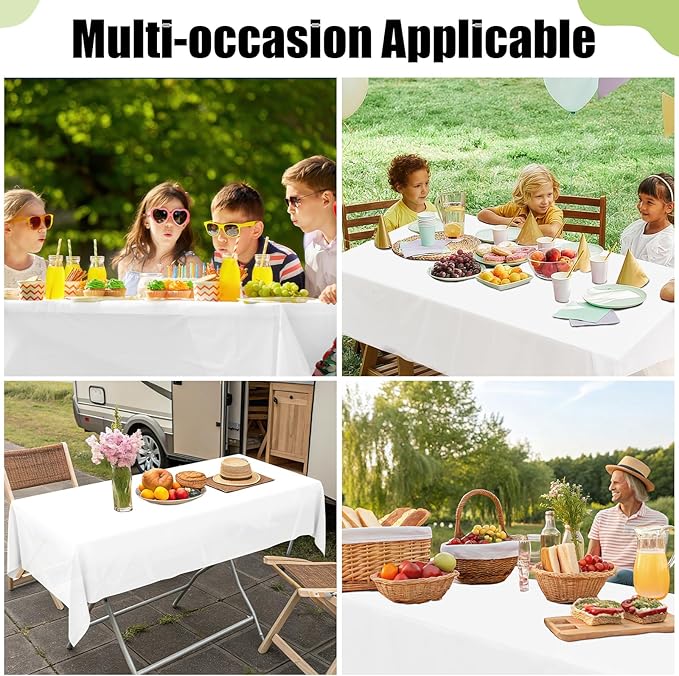 Smiry Disposable Table Cloth 12 Pack, 54 x 108 Inch Waterproof Plastic Tablecloth, Decorative Rectangle Table Covers for Party, Birthday, Picnic, White