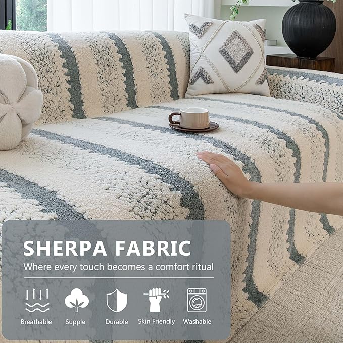 Sherpa Fleece Oversized Couch Cover for 3-4 Cushion Sofa, Gray 71" x 150" - Pet Proof Sofa Covers Heavy Duty Scratch Resistant Pet Friendly Furniture Cover - Easy Install, Machine Washable