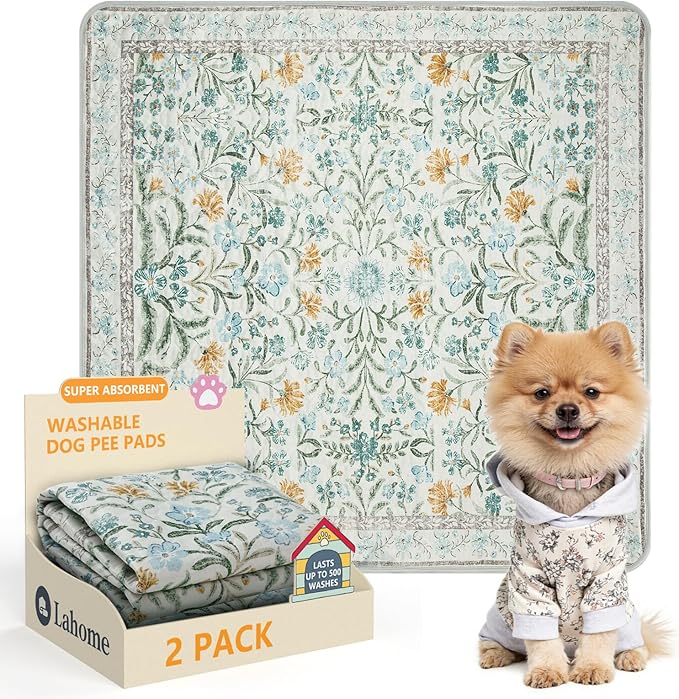Lahome Washable Reusable Pee Pads for Dogs - Beige Botanical Floral 2 Pack Puppy Pads, Super Absorbent & Waterproof Training Mats for Crate & Floor - Leakproof with Non-Slip Backing (36"x36")