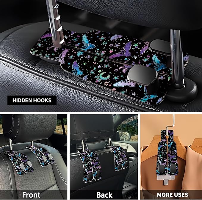 Car Seat Headrest Hook, Universal Leather Cute Hanger Holder Hook, Storage Organizer Interior Accessories for Purse Bags Handbag Purple Cute Bats