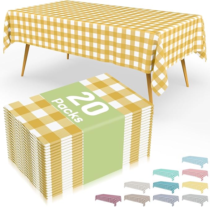 Smiry 20 Packs Gingham Disposable Table Cloth, 54 x 108 Inch Waterproof Plastic Tablecloth, Rectangle Gold and White CheckeGold Table Covers for Picnic, Birthday, Party