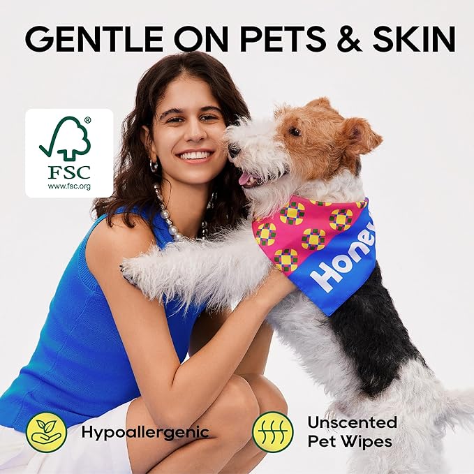 HONEY CARE Disposable Pet Wipes for Dogs & Cats – Cleansing & Soothing, Fragrance-Free, 100 Wipes for Paws, Butt & Body Cleaning(100 Pcs/4Packs