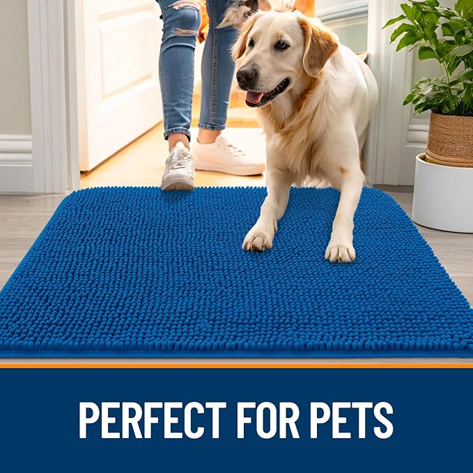 OLANLY Dog Door Mat for Muddy Paws 70x24, Absorbs Moisture and Dirt, Absorbent Non-Slip Washable Doormat, Quick Dry Chenille Mud Mat, Entry Indoor Entryway Carpet for Inside Floor, Deep Navy Blue