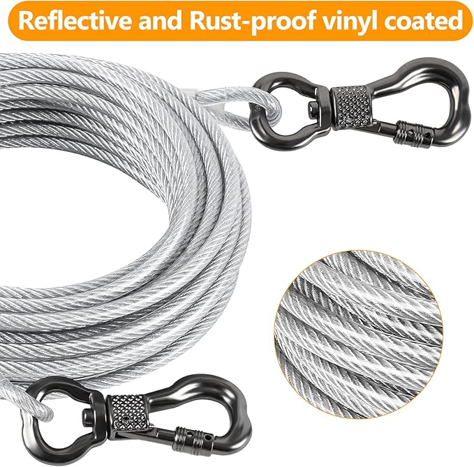 Tresbro 30FT Reflective Tie Out Cable for Dogs Up to 250 Pounds, Steel Wire Lead Leash Cable with Stainless Dual Fix Buckle, Lightweight and Enduring, Outdoor Dog Chains for Outside,Yard,Camping