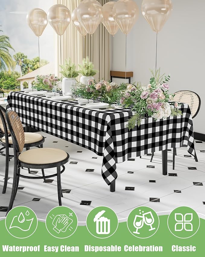Smiry 12 Packs Gingham Disposable Table Cloth, 54 x 108 Inch Waterproof Plastic Tablecloth, Rectangle Black and White Checkered Table Covers for Picnic, Birthday, Party