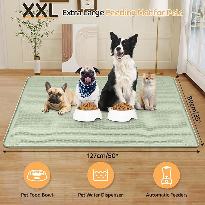 Bartuke Dog Food Mat, Extra Large 50" x 35" Silicone Pet Feeding Mat with Raised Edge Pet Placemat for Small, Medium, and Large Pets Non-Slip, Easy to Clean (Green)