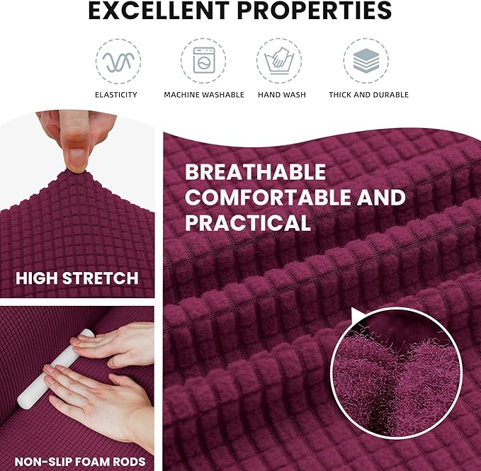 LURKA Stretch Sofa Slipcovers 1 Piece Couch Covers for 3 Cushion Couch Sofa Furniture Protector Full Sofa Covers with Elastic Bottom for Kids and Dog (Large, Wine)