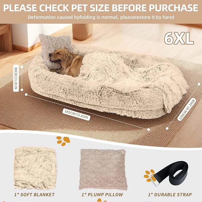 Human Dog Bed - Extra Large Dog Bed for Humans,71''x45''x12'' 、 Giant Cuddle Pillow Pet Lounger, Super Soft Plush Orthopedic Floor Cushion for Adults, Kids, Pets - Washable Cover, Beige.