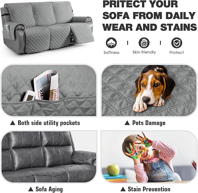 TAOCOCO 100% Waterproof Recliner Couch Covers, Recliner Sofa Covers with Leg Straps, 1-Piece Washable Reclining Sofa Cover with Pocket Couch Protector for Pets Kids(3 Seater, Light Gray)