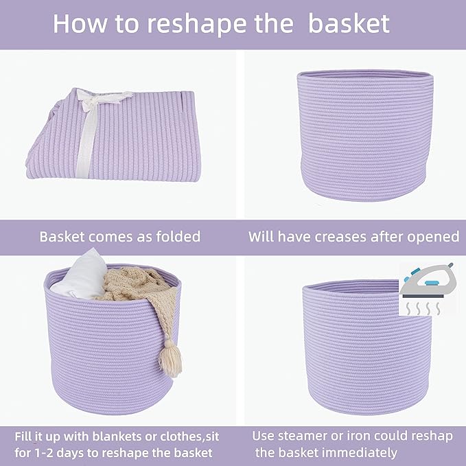 XUANGUO Cotton Rope Basket For Girls Boys Kids 16”X14” Baby Laundry Basket Nursery Bin Round Woven Baskets Organizer For Storage Toys Blankets Shoes Clothes purple