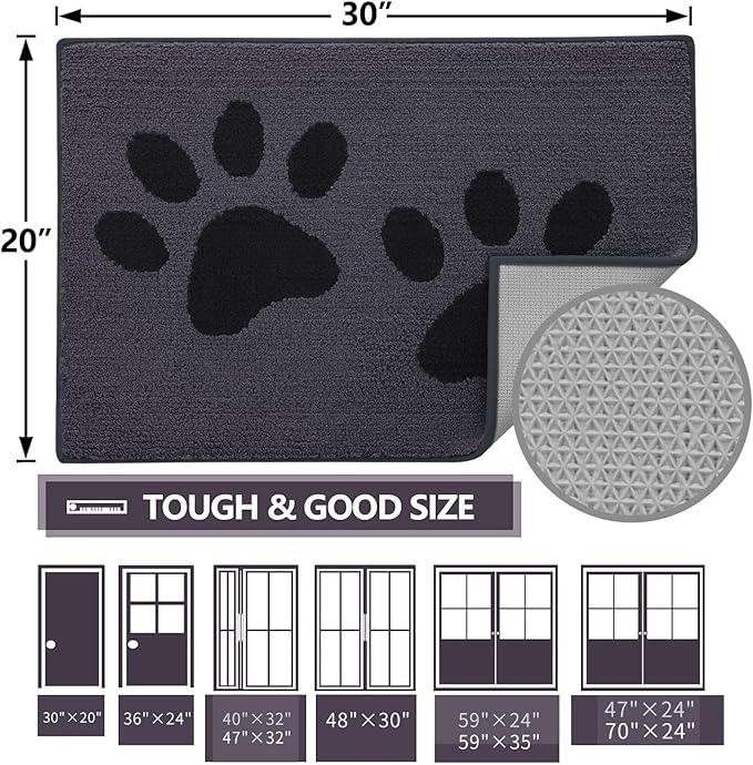 Buganda Dog Door Mat for Muddy Paws, Absorbent Dirt Trapper Washable Indoor Doormats, Non Slip Low-Profile Mud Mat for Dogs, Front Entrance Doormat for Inside Floor (70x24 Inches, Black)