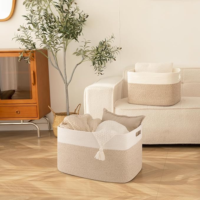 SIXDOVE Extra Large Blanket Basket, Toy Basket Bin for Kids, Cotton Rope Woven Storage Basket for Living Room, Nursery, Baby Room Decorative Organizer, 24''×16''×15'', Brown & White