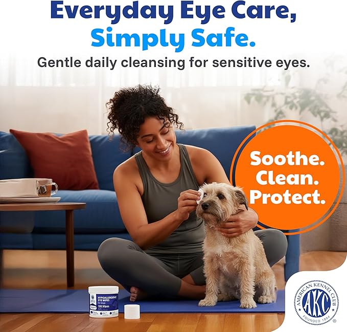 AKC Pet Eye Wipes for Dogs & Cats – Tear Stain Remover & Eye Discharge Cleaner – Hypoallergenic Grooming Wipes, 100 Count (Unscented) AKC 3 * 3" PET Eye Wipes UNSCENTED 100 Count
